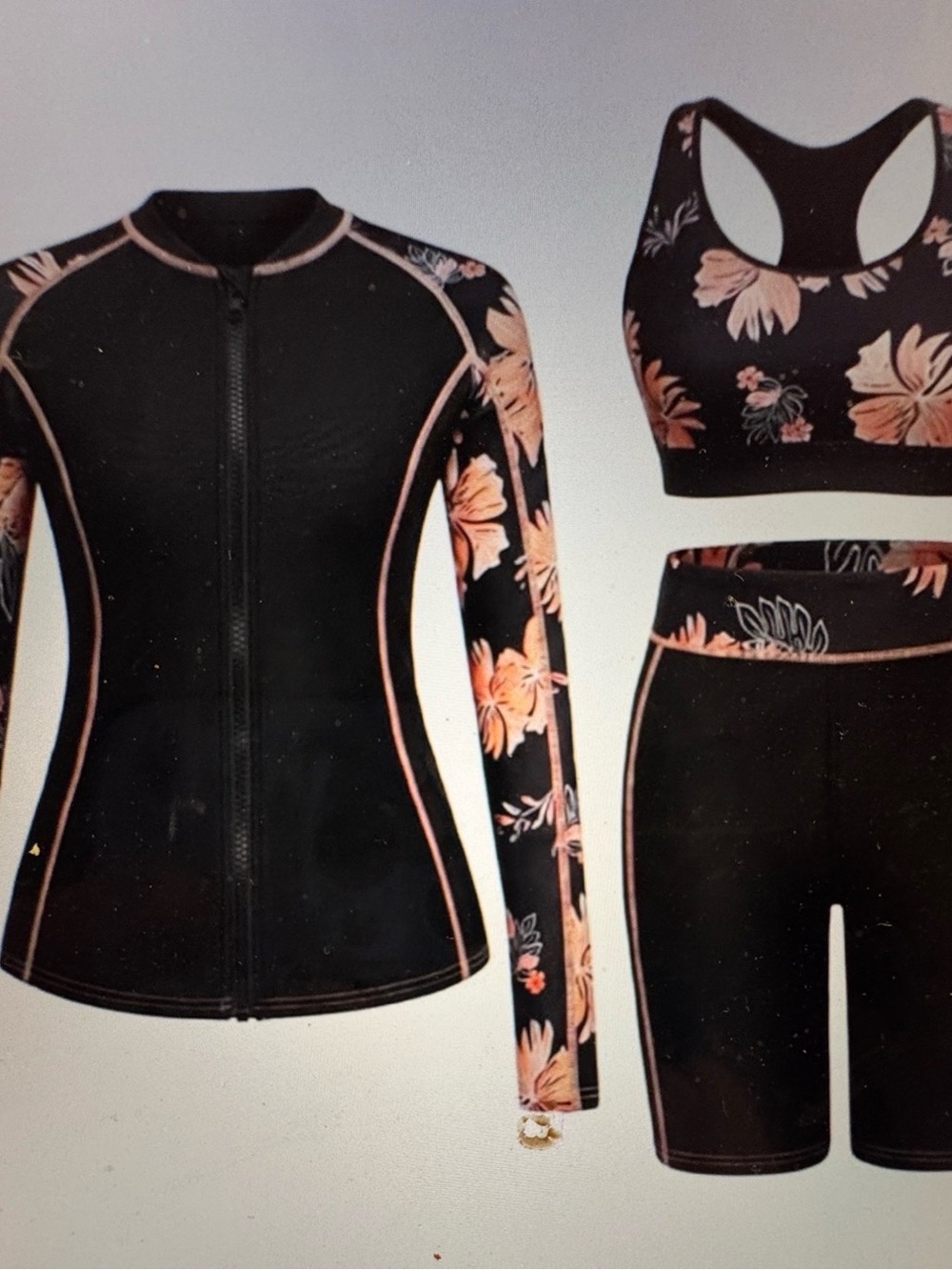 Floral Black & Peach 3-Piece Rash Guard Set - Zip Jacket, Sports Bra, Shorts